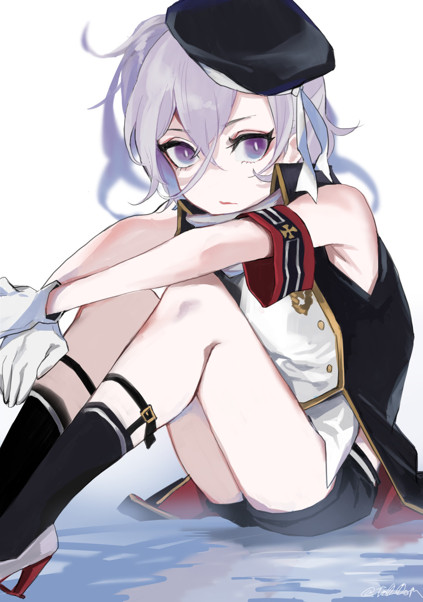 1girl absurdres armband armpit_crease azur_lane beret black_hat black_socks commentary_request cross expressionless feet_out_of_frame female_focus gloves hair_between_eyes hat highres iron_cross knees_up looking_at_viewer purple_eyes short_shorts shorts signature sitting sleeveless socks solo tkmkm75 twitter_username vest white_gloves white_hair z1_leberecht_maass_(azur_lane)