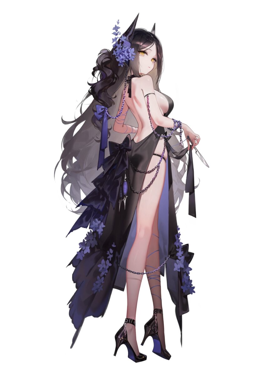 alternate_costume arknights backless_dress backless_outfit black_dress black_hair breasts dress flower high_heels highres horns ines_(arknights) long_hair looking_at_viewer looking_back purple_flower ribbon ribiadan sheep_horns simple_background white_background