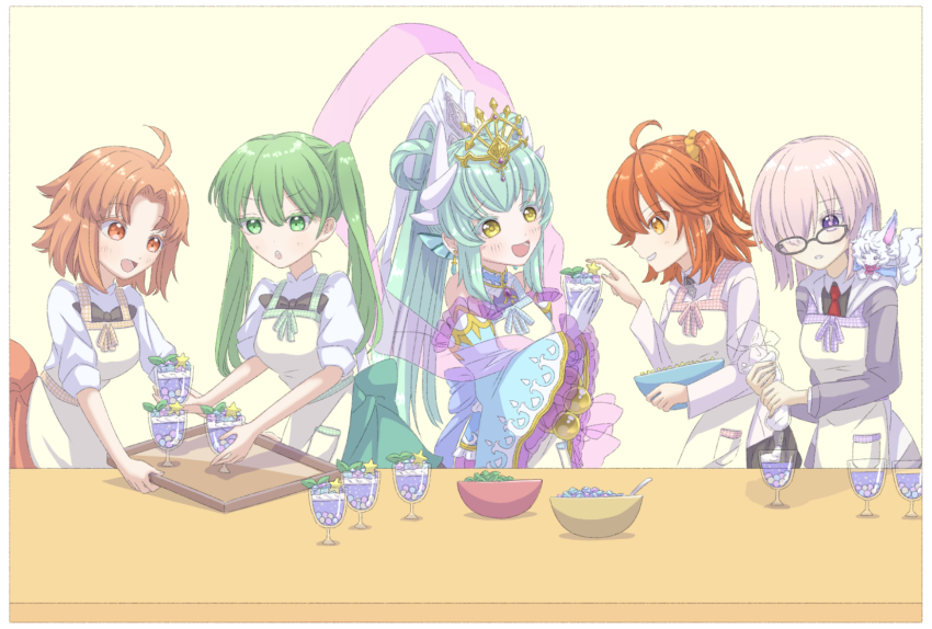 5girls fate_(series) fujimaru_ritsuka_(female) green_eyes green_hair hibino_hibiki highres katsuragi_chikagi kiyohime_(fate) mahou_tsukai_no_hako mash_kyrielight multiple_girls non-web_source orange_hair otohime_kiyohime_(fate) side_ponytail twintails yellow_eyes