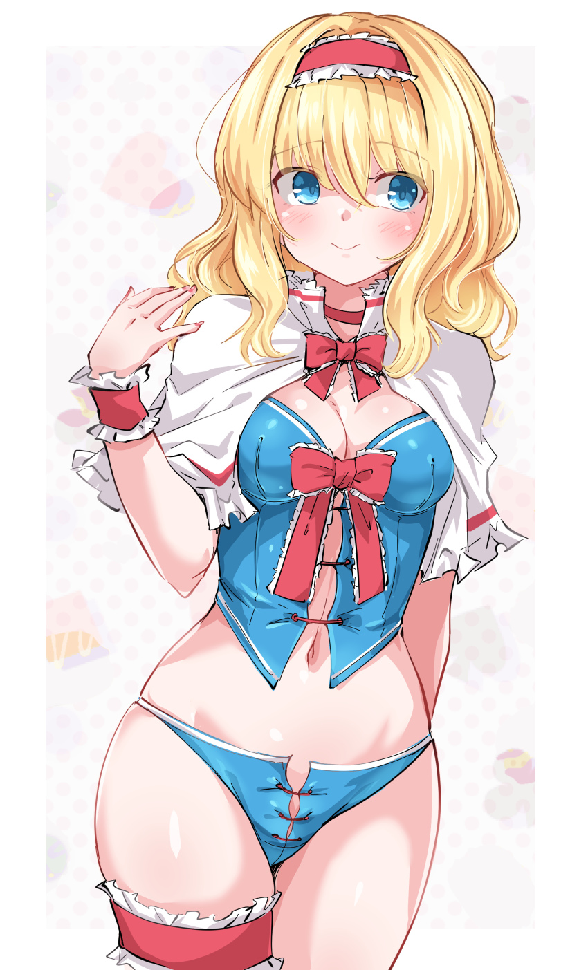 1girl absurdres alice_margatroid blonde_hair blue_eyes blue_panties breasts capelet choker cleavage hairband highres huyusilver lingerie lolita_hairband midriff navel panties red_choker red_hairband short_hair smile solo touhou underwear white_background white_capelet wristband