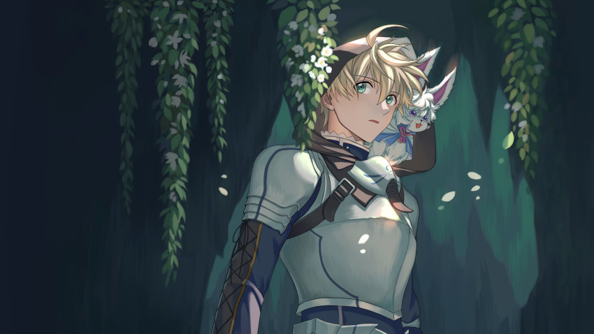 1boy animal animal_on_shoulder armor arthur_pendragon_(fate) bishounen blonde_hair breastplate fate/grand_order fate/prototype fate_(series) flower fou_(fate) green_eyes hair_between_eyes highres hood hood_up lalatia-meai looking_to_the_side male_focus parted_lips pauldrons petals plant shoulder_armor vines white_flower wind