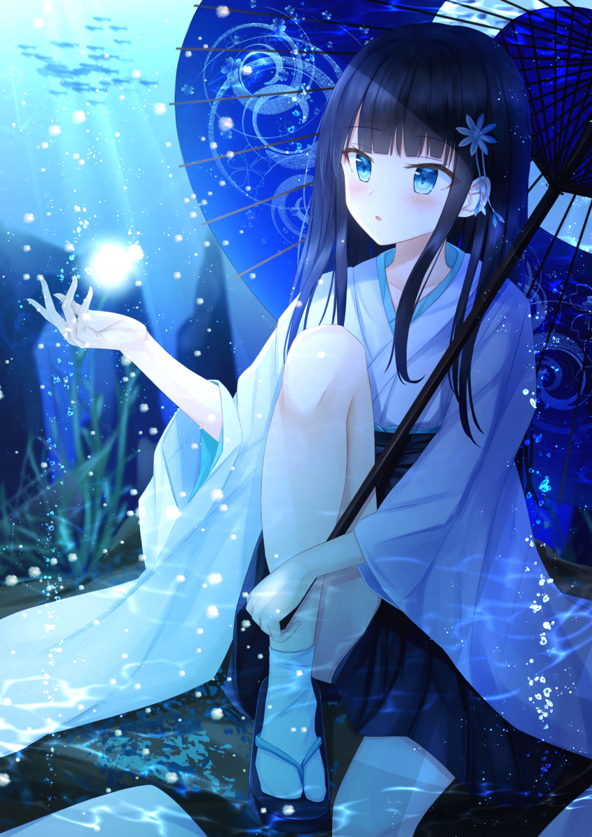 1girl bad_id bad_pixiv_id black_hair blue_eyes blue_footwear blue_hakama blue_umbrella blunt_bangs bubble commission dot_nose expressionless eyelashes fish flower foot_out_of_frame hair_flower hair_ornament hakama hakama_short_skirt hakama_skirt highres hime_cut holding holding_umbrella japanese_clothes kimono light_blush light_rays long_hair long_sleeves looking_at_hand magic miko object_floating_above_hand oil-paper_umbrella original outstretched_hand parted_lips rock sandals seaweed senri_(senri_sen) short_kimono sidelocks sitting skeb_commission skirt socks solo straight_hair sunlight tabi umbrella umbrella_over_shoulder underwater white_flower white_kimono white_socks wide_sleeves zouri