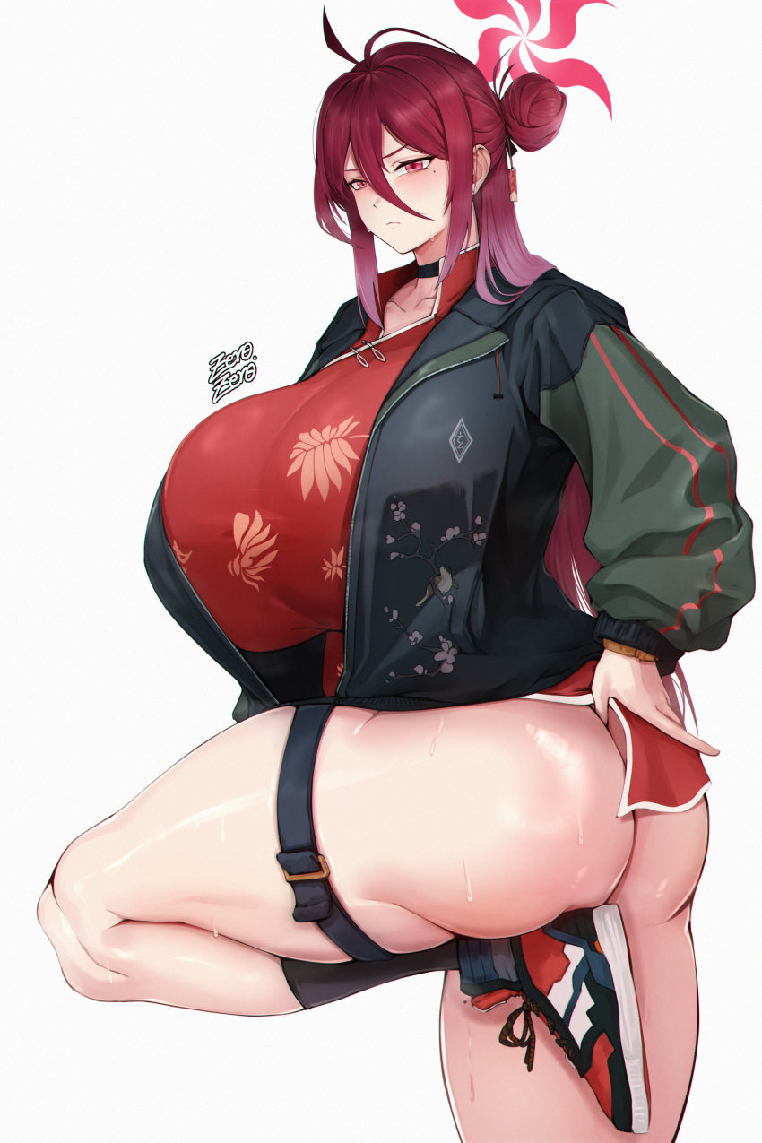 1girl absurdres black_socks blue_archive breasts chinese_clothes choker curvy dress halo highres huge_breasts jacket plump red_dress red_eyes red_hair reijo_(blue_archive) shoes sneakers socks solo sukajan thigh_strap zer0.zer0