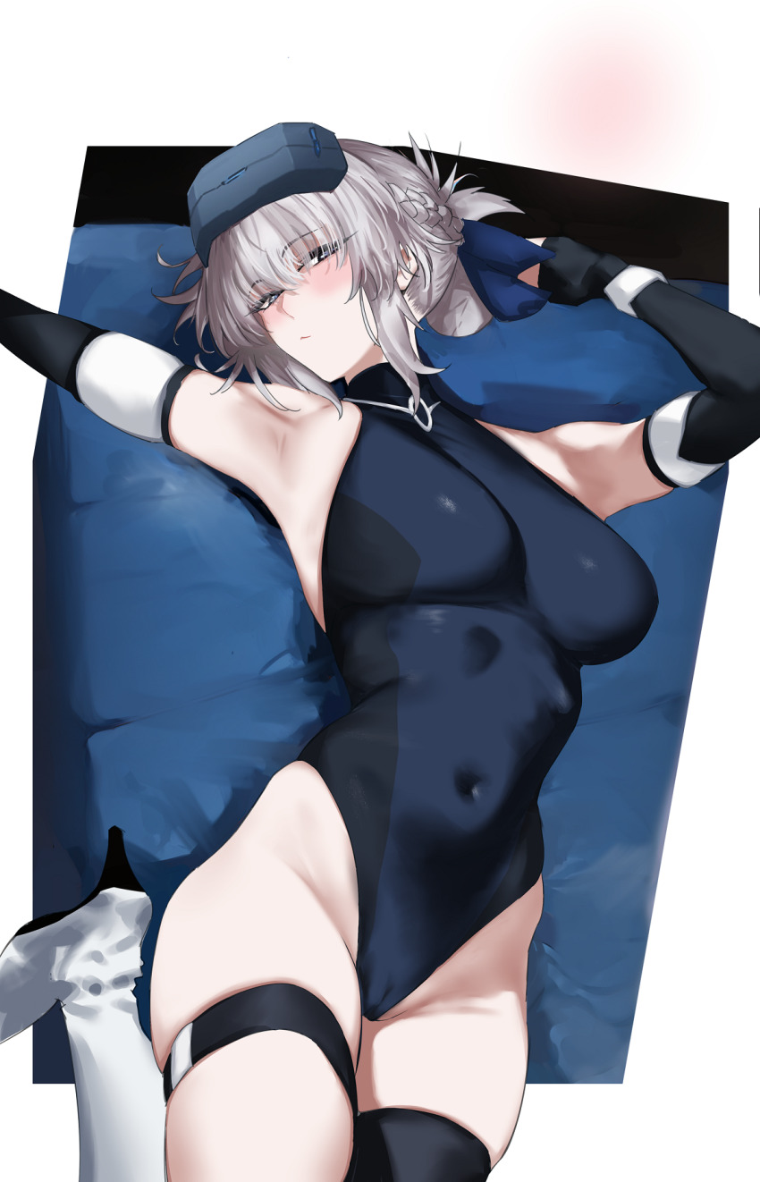 1girl armpits bar_censor black_gloves blue_archive blue_eyes blue_leotard blush breasts cameltoe censored cosplay covered_navel ei_(eiei_e1_) elbow_gloves fate/grand_order fate_(series) fingerless_gloves gloves hair_bun hand_up highleg highleg_leotard highres ishikawa_yui leotard looking_at_viewer lying morgan_le_fay_(fate) on_back stomach thigh_strap toki_(abi-eshuh)_(blue_archive) toki_(blue_archive) toki_(blue_archive)_(cosplay)