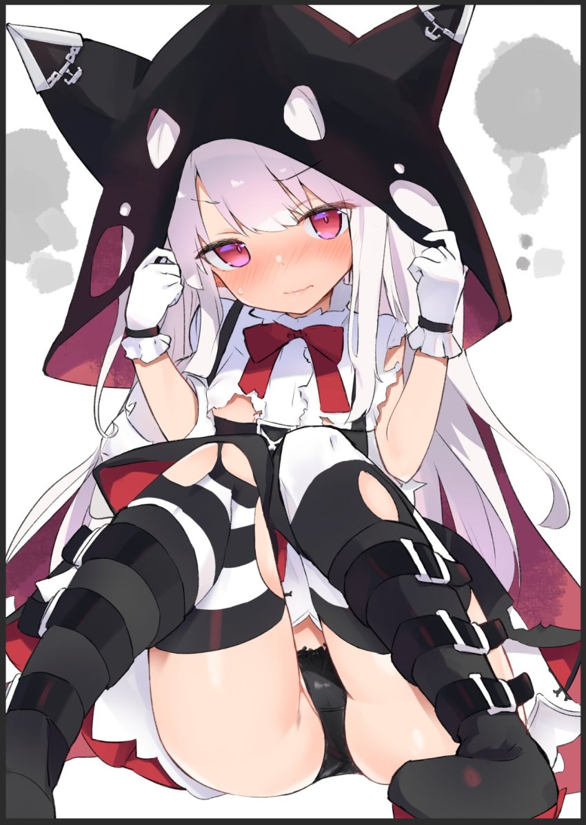 1girl azur_lane belt_boots black_panties blush boots border caburi cape center_frills erebus_(azur_lane) female_focus frills gloves highres hood hooded_cape long_hair panties platform_boots platform_footwear red_eyes solo thighhighs torn_cape torn_clothes underwear white_hair