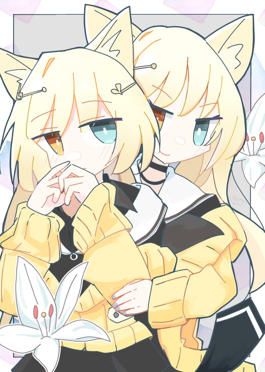 2girls absurdres animal_ear_fluff animal_ears arknights black_choker black_dress blonde_hair blue_eyes blue_nails blush bright_pupils cardigan cat_ears cat_girl choker dress dual_persona flower hair_ornament hairclip heart heterochromia highres keirono long_hair long_sleeves multiple_girls nightmare_(arknights) open_cardigan open_clothes orange_eyes sailor_dress smile white_flower white_pupils yellow_cardigan