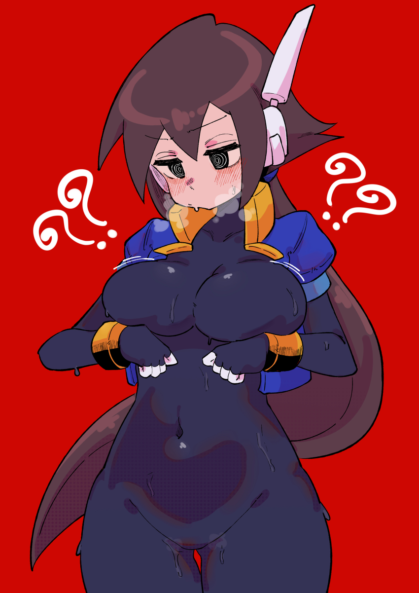 1girl ? ?? @_@ absurdres aile_(mega_man_zx) arm_under_breasts black_eyes blush bodysuit breasts brown_hair buzzlyears highres large_breasts long_hair mega_man_(series) mega_man_zx mega_man_zx_advent ponytail solo