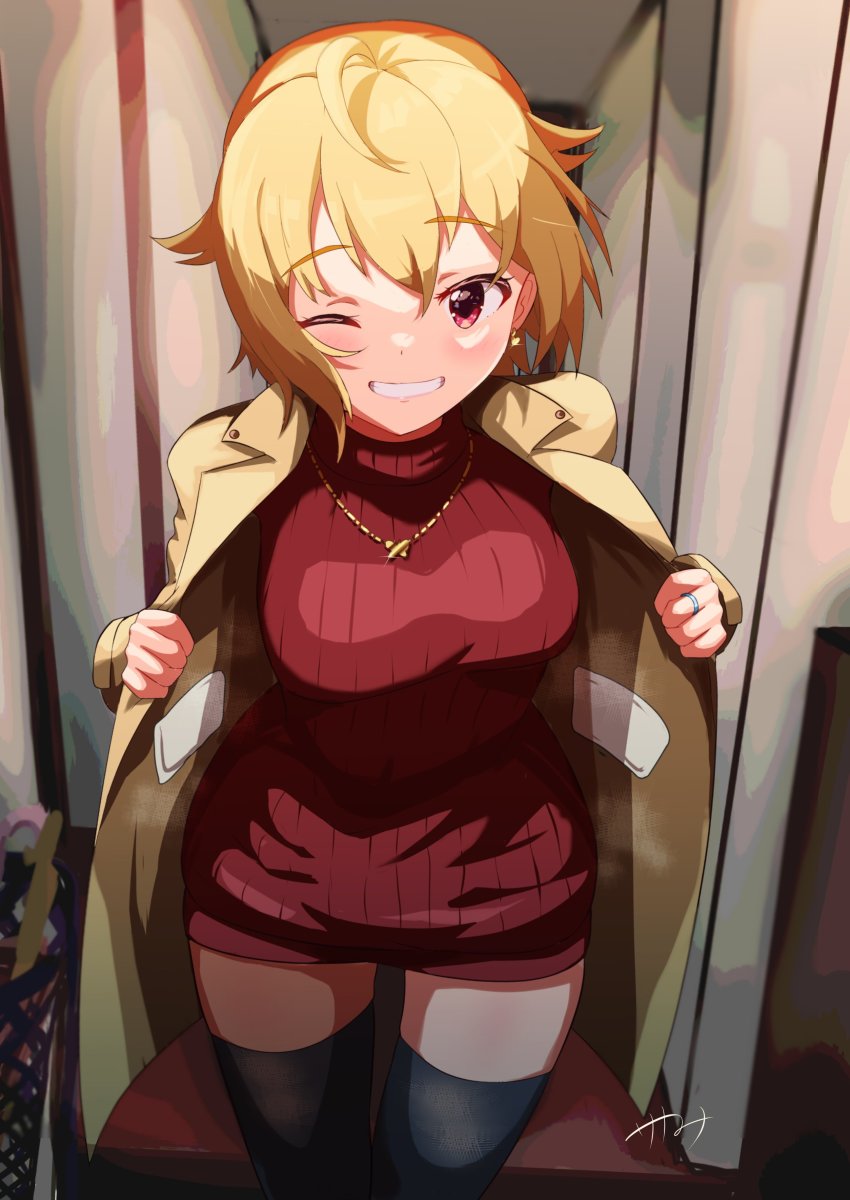 1girl ;d absurdres ahoge black_thighhighs blonde_hair coat flashing highres ibuki_tsubasa idolmaster idolmaster_million_live! indoors jewelry looking_at_viewer necklace no_pants one_eye_closed open_mouth red_sweater ribbed_sweater sanami_(sanami_t_38) smile solo sweater thighhighs trench_coat zettai_ryouiki