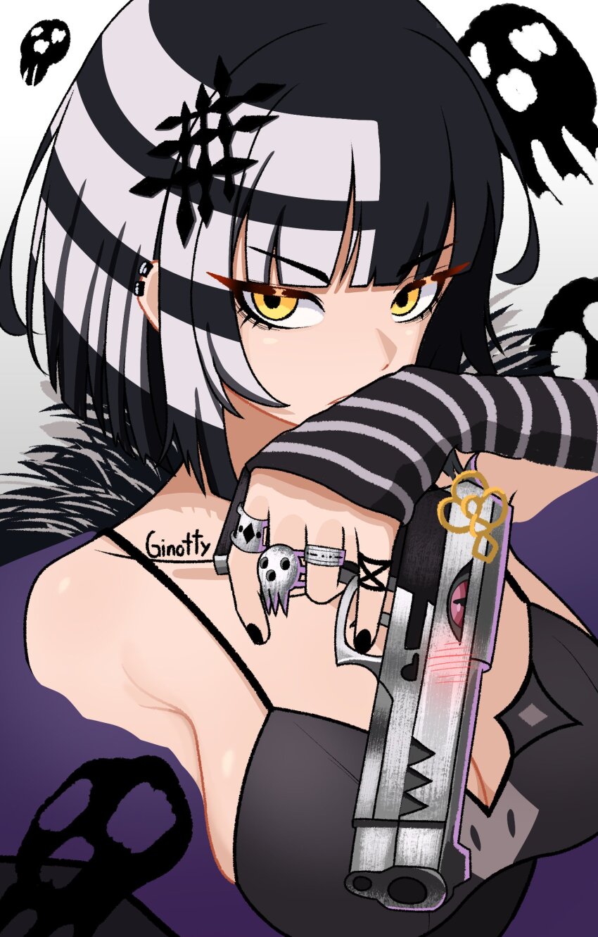 1girl absurdres artist_name black_dress black_hair black_nails blush breasts commentary death_the_kid dress earclip english_commentary fingernails ginotty grey_hair gun hair_ornament handgun highres holding holding_gun holding_weapon hololive hololive_english jewelry large_breasts long_fingernails looking_at_viewer multicolored_hair multiple_rings nail_polish nerissa_ravencroft objectification parted_lips red_eyes ring shiori_novella shiori_novella_(1st_costume) short_hair skull_ring sleeveless sleeveless_dress solo soul_eater spaghetti_strap striped_arm_warmers teeth trigger_discipline two-tone_hair v-shaped_eyebrows virtual_youtuber weapon yellow_eyes