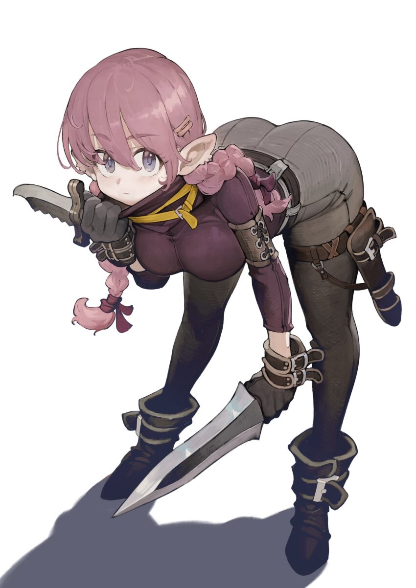 1girl arm_guards ass belt bent_over black_belt black_footwear black_gloves black_thighhighs boots braid breasts closed_mouth dagger dual_wielding expressionless full_body gloves grey_pants hair_between_eyes hair_ornament hairclip highres holding holding_dagger holding_knife holding_weapon jun_(navigavi) knife long_hair long_sleeves looking_at_viewer low_twin_braids medium_breasts original pants pink_hair pointy_ears purple_eyes purple_shirt scabbard shadow sheath shirt simple_background solo standing thighhighs turtleneck twin_braids unsheathed weapon white_background