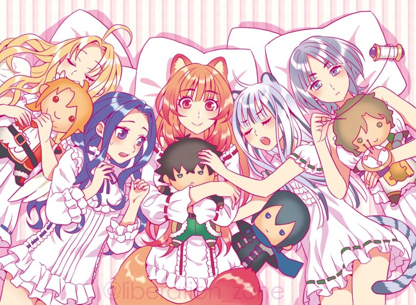 5girls ahoge amaki_ren animal_ears atla_fayon biting_stuffed_toy blonde_hair blue_ribbon blunt_bangs character_doll closed_eyes closed_mouth commentary_request cowboy_shot dress filo_(tate_no_yuusha_no_nariagari) forehead green_ribbon grey_eyes grey_hair hand_up holding holding_needle holding_stuffed_toy hugging_doll hugging_object iwatani_naofumi kawasumi_itsuki kitamura_motoyasu light_blush long_hair looking_at_object lying melty_q_melromarc minami_seira multicolored_hair multiple_girls needle on_back on_bed open_mouth orange_hair pillow purple_eyes purple_hair purple_ribbon raccoon_ears raccoon_girl raccoon_tail raphtalia red_eyes red_ribbon ribbon ribbon-trimmed_dress s&#039;yne_lokk sharp_teeth sleeping smile streaked_hair stuffed_toy tail tate_no_yuusha_no_nariagari teeth twitter_username upper_body upper_teeth_only white_dress white_hair