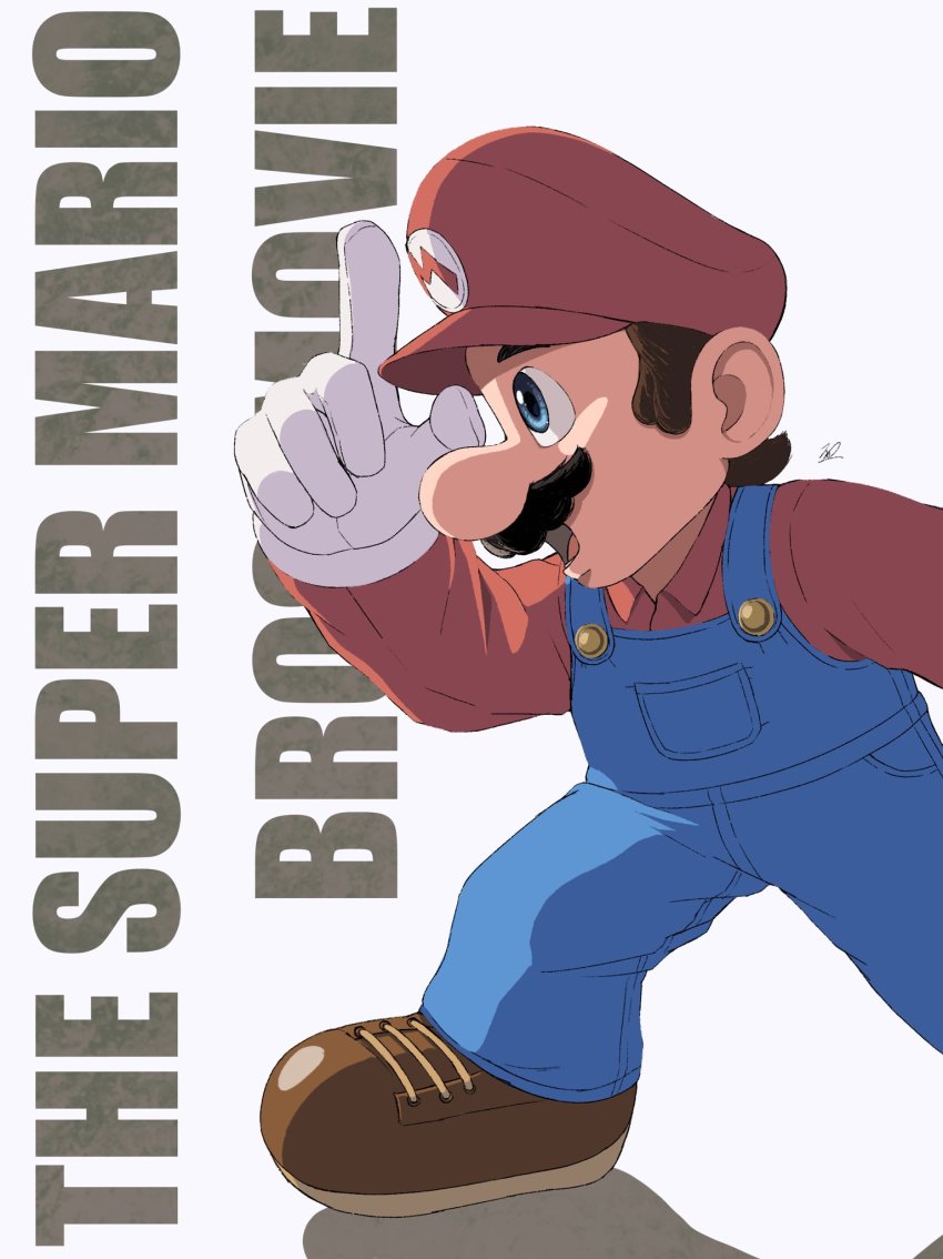 1boy banel_springer blue_eyes blue_overalls copyright_name english_text facial_hair gloves hat highres male_focus mario mario_(series) mustache nintendo open_mouth overalls profile red_shirt shirt shoes solo standing the_super_mario_bros._movie white_gloves