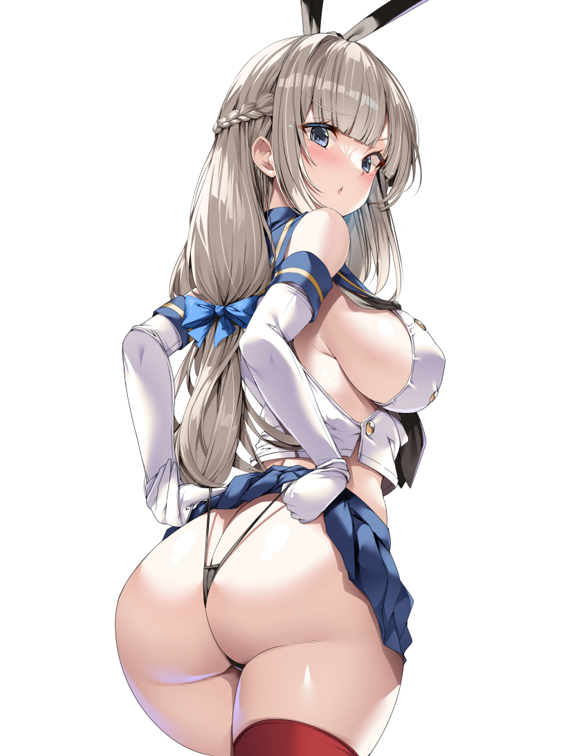 1girl :o absurdres animal_ears ass black_panties blue_eyes blue_sailor_collar blue_skirt blunt_bangs braid breasts butt_crack commentary_request cosplay elbow_gloves gloves grey_hair hair_ribbon highleg highleg_panties highres kantai_collection large_breasts long_hair looking_at_viewer maryland_(kancolle) open_mouth panties panty_pull pleated_skirt rabbit_ears ribbon sailor_collar shimakaze_(kancolle) shimakaze_(kancolle)_(cosplay) shirt sideboob simple_background skirt solo standing striped_clothes striped_thighhighs thighhighs thighs thong torisan underwear wedgie white_background white_shirt