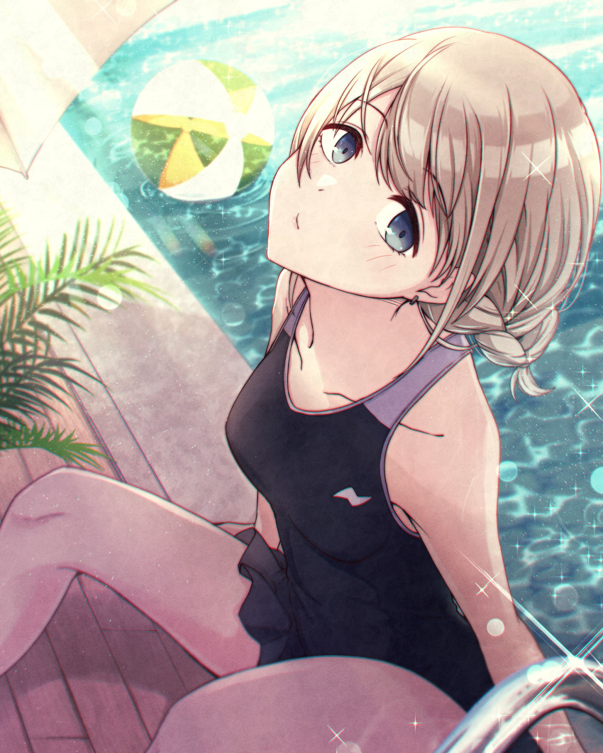 1girl absurdres ball bare_arms bare_legs beachball black_one-piece_swimsuit black_skirt blue_eyes braid breasts casual_one-piece_swimsuit collarbone grey_hair head_tilt highres idolmaster idolmaster_shiny_colors kusaka_io looking_at_viewer miniskirt morino_rinze one-piece_swimsuit pleated_skirt pool_ladder poolside sitting skirt small_breasts solo sparkle swimsuit swimsuit_skirt