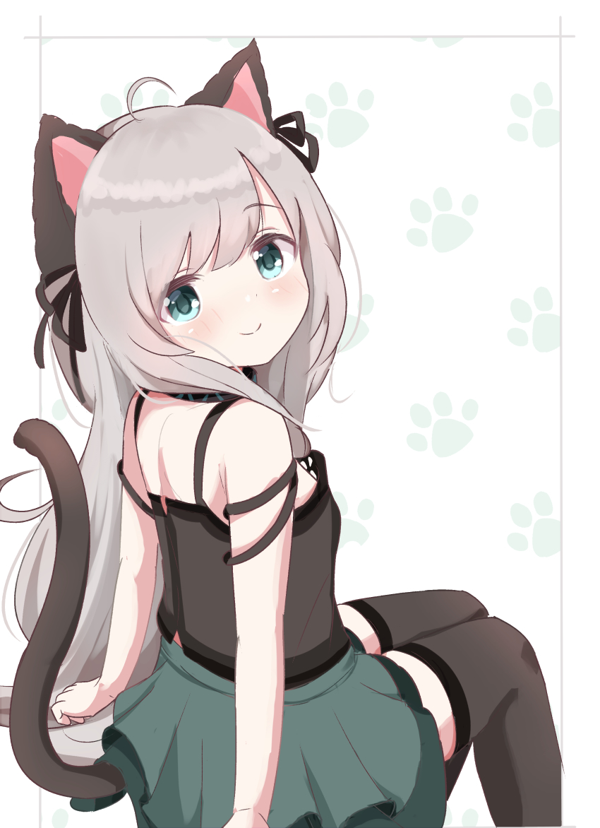 absurdres ahoge animal_ears arknights black_ribbon black_shirt black_thighhighs blue_eyes blush cat_ears cat_girl cat_tail collar feet_out_of_frame green_skirt grey_hair hair_ribbon highres infection_monitor_(arknights) long_hair looking_at_viewer looking_back mint_(arknights) mint_(elite_ii)_(arknights) paw_print paw_print_background rebaa ribbon shirt skirt smile solo tail thighhighs very_long_hair white_background