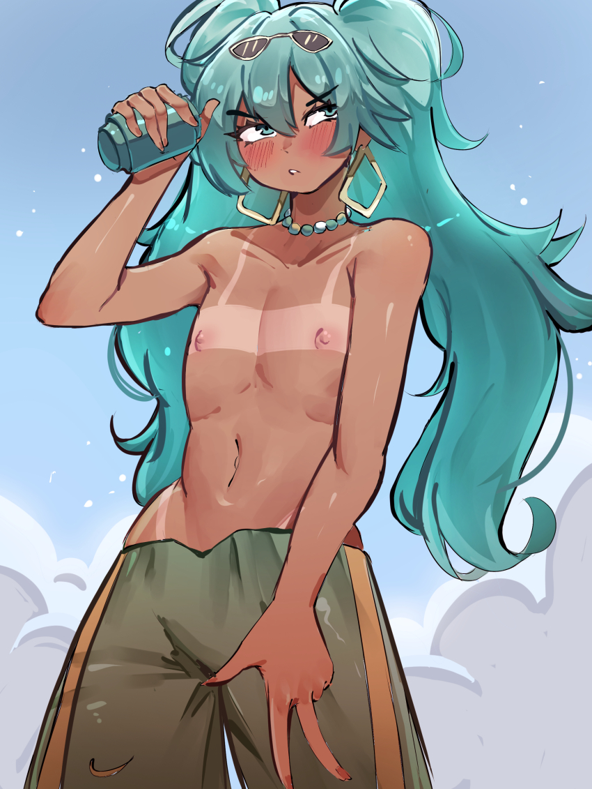 1boy absurdres aqua_eyes aqua_hair bead_choker blush brazilian_miku can cowboy_shot earrings euvooo eyewear_on_head genderswap genderswap_(ftm) hair_between_eyes hatsune_miku highres holding holding_can jewelry long_hair navel nipples pants parted_lips rectangular_earrings solo sunglasses tan tanline topless_male trap twintails very_long_hair vocaloid