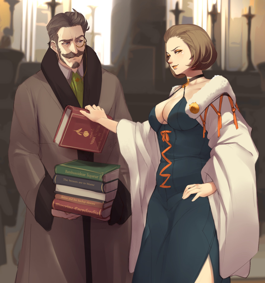 1boy 1girl absurdres bambooale beard black_choker blue_dress blue_eyes book book_stack breasts brown_eyes brown_hair brown_robe choker cleavage closed_mouth coat collared_shirt commentary cowboy_shot dress english_commentary facial_hair fire_emblem fire_emblem:_three_houses fur-trimmed_coat fur_trim goatee green_neckwear hair_slicked_back hand_on_own_hip hanneman_von_essar highres holding holding_book indoors large_breasts lips looking_at_another looking_at_viewer manuela_casagranda mole mole_under_eye monocle mustache nintendo open_clothes open_coat raised_eyebrow robe shirt short_hair side_slit sideburns smile smirk smug white_shirt wide_sleeves