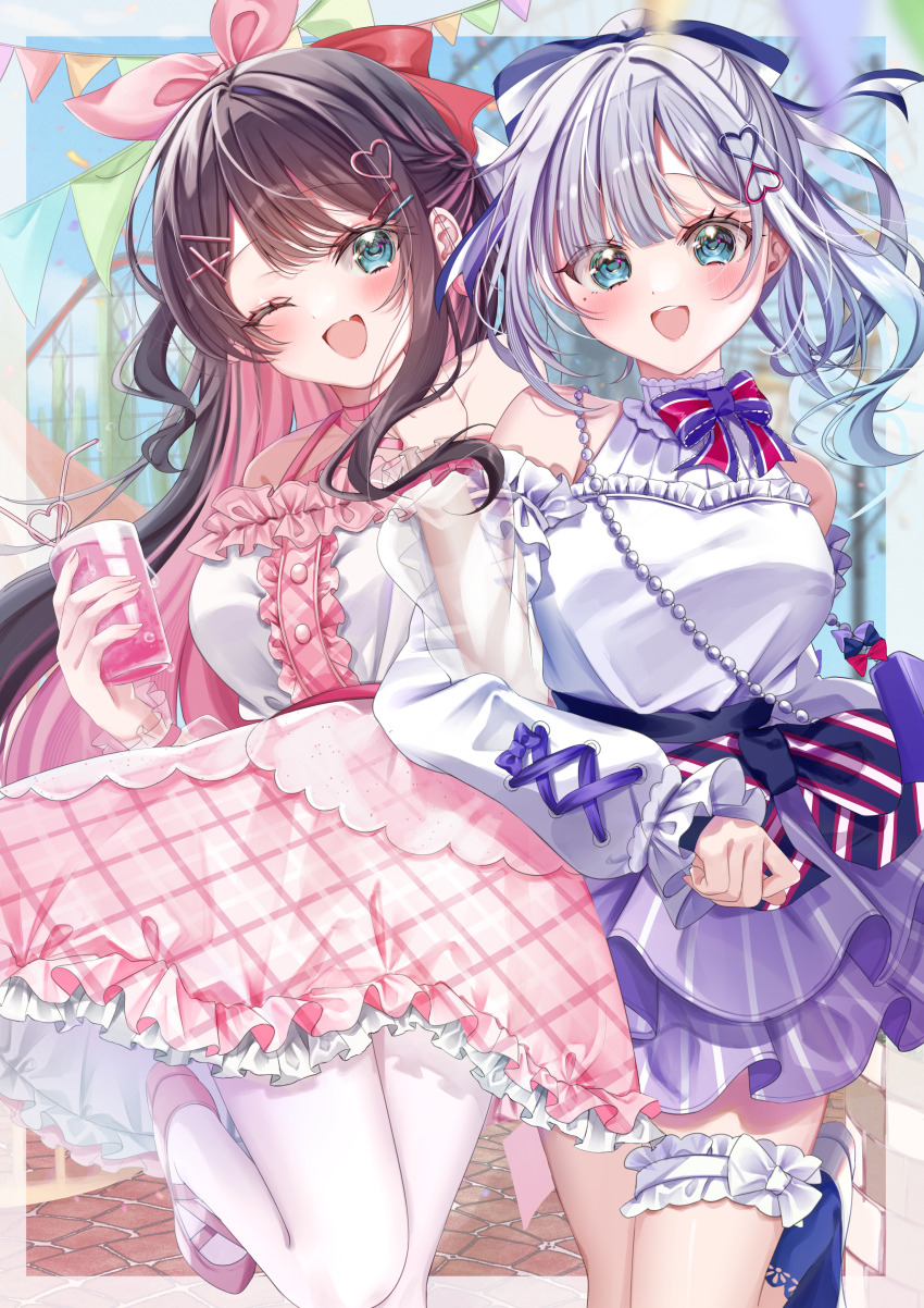 2girls absurdres aqua_eyes bare_shoulders black_hair colored_inner_hair cup drinking_straw fang hair_ornament heart heart_hair_ornament highres holding holding_cup kaga_nazuna kaga_sumire koya_toofu long_hair long_sleeves looking_at_viewer multicolored_hair multiple_girls off_shoulder one_eye_closed open_mouth outdoors pantyhose pink_footwear pink_hair pink_skirt shirt skirt smile streaked_hair virtual_youtuber vspo! white_pantyhose white_shirt x_hair_ornament