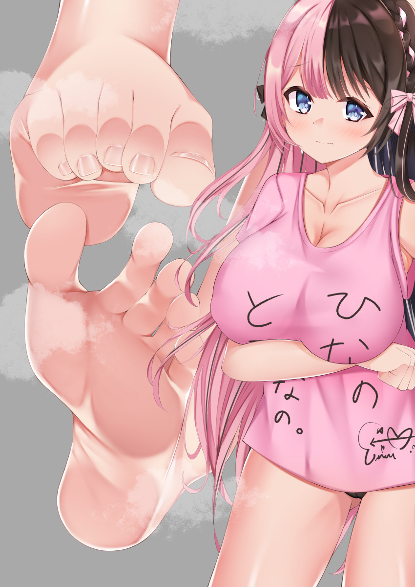 1girl barefoot black_hair blue_eyes blush breasts cameltoe cleavage feet highres large_breasts long_hair looking_at_viewer monkey_kusai multicolored_hair panties pantyshot pink_hair soles steam tachibana_hinano_(vtuber) toes two-tone_hair underwear vspo!