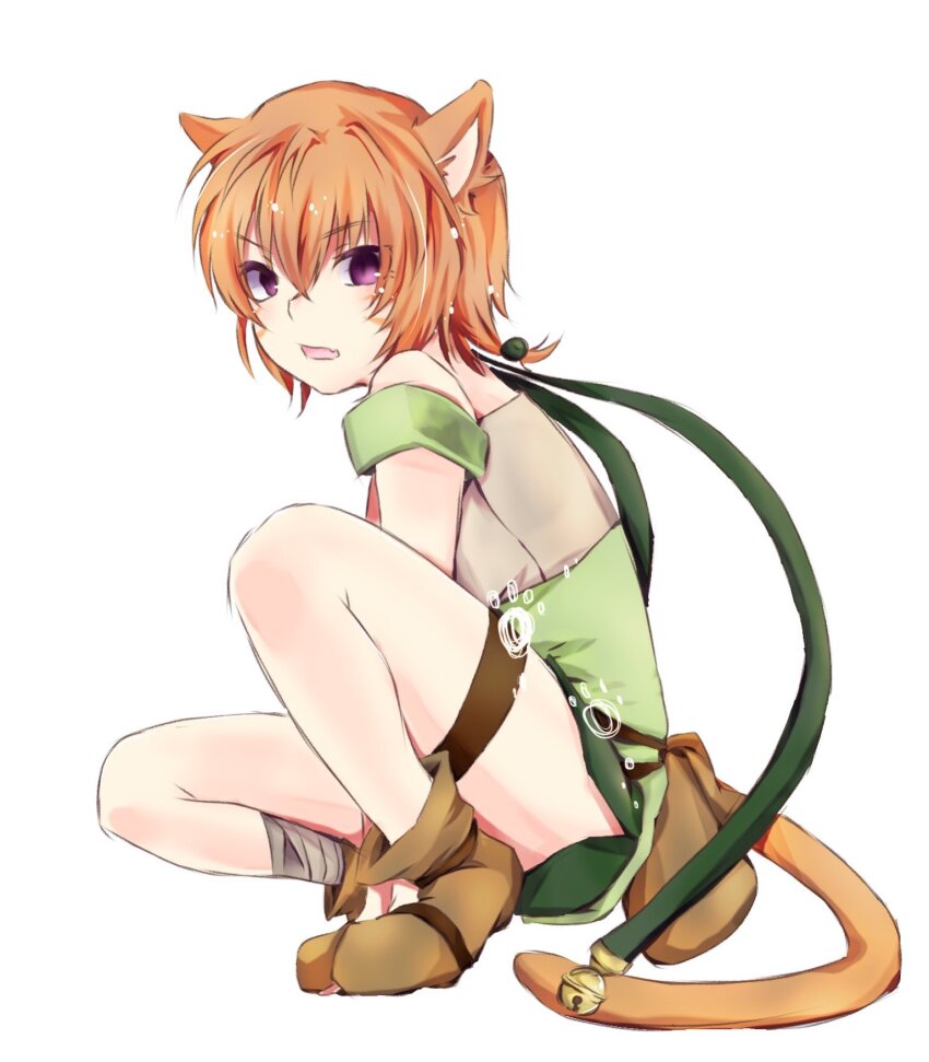 1girl 46suk animal_ears ankle_wrap belt brown_belt cat_ears cat_girl cat_tail facial_mark fang fire_emblem fire_emblem:_path_of_radiance fire_emblem:_radiant_dawn green_ribbon green_shorts highres laguz_(fire_emblem) lethe_(fire_emblem) looking_at_viewer nintendo open_mouth orange_hair orange_tail pouch purple_eyes ribbon shorts side_slit side_slit_shorts solo squatting tail thigh_belt thigh_strap whisker_markings