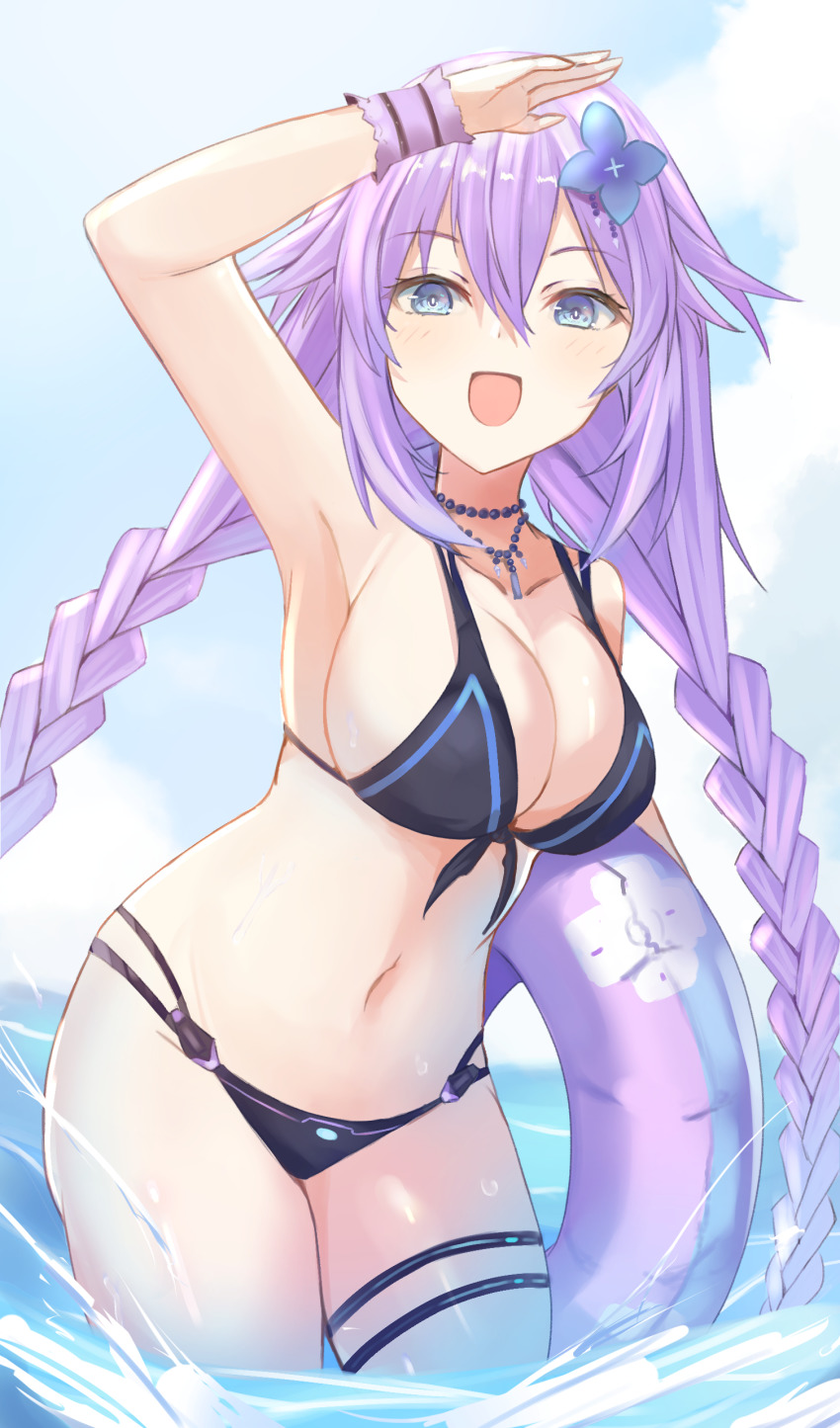 1girl absurdres bikini bimmy blue_eyes braid breasts hair_between_eyes happy highres innertube large_breasts leotard long_hair looking_at_viewer navel neptune_(series) power_symbol power_symbol-shaped_pupils purple_hair purple_heart_(neptunia) smile solo swim_ring swimsuit symbol-shaped_pupils twin_braids twintails very_long_hair water wet