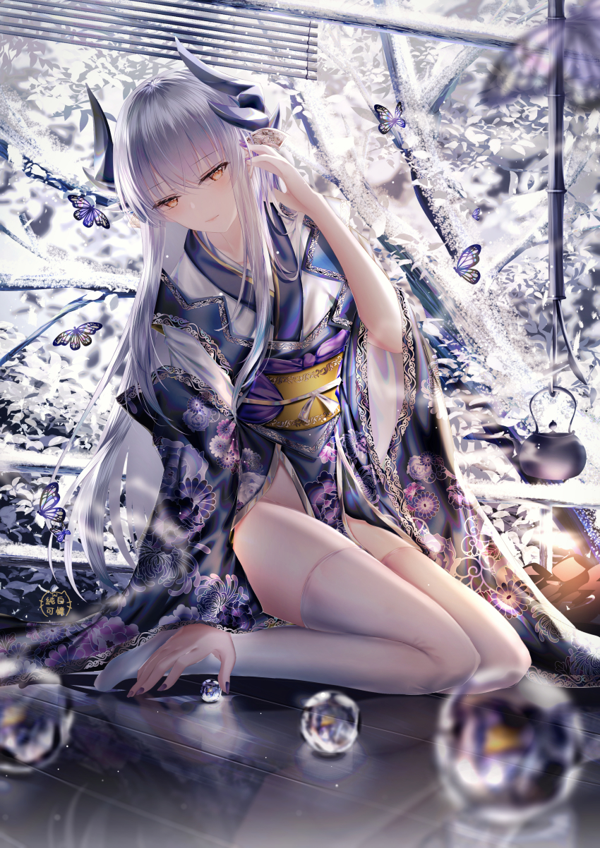 1girl absurdres black_kimono blurry blurry_foreground blush branch brown_eyes bug butterfly closed_mouth commentary depth_of_field dragon_horns fate/grand_order fate_(series) floral_print full_body hair_between_eyes hand_up highres horns huge_filesize insect japanese_clothes junpaku_karen kettle kimono kiyohime_(fate) kiyohime_(third_ascension)_(fate) long_hair marble_(toy) nail_polish no_shoes obi orb print_kimono purple_nails sash signature silver_hair snow solo symbol-only_commentary thighhighs very_long_hair white_kimono white_thighhighs