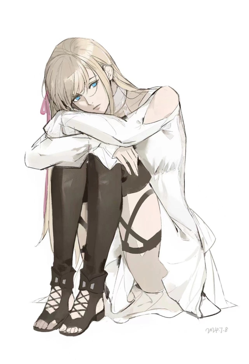 1girl arm_rest black_footwear blonde_hair blue_eyes boots clothing_cutout dress expressionless final_fantasy final_fantasy_xiv full_body hair_ribbon highres hyur knees_up laoyepo long_hair long_sleeves looking_at_viewer ribbon ryne_waters shoulder_cutout simple_background sitting solo swept_bangs thigh_boots toeless_footwear white_background white_dress