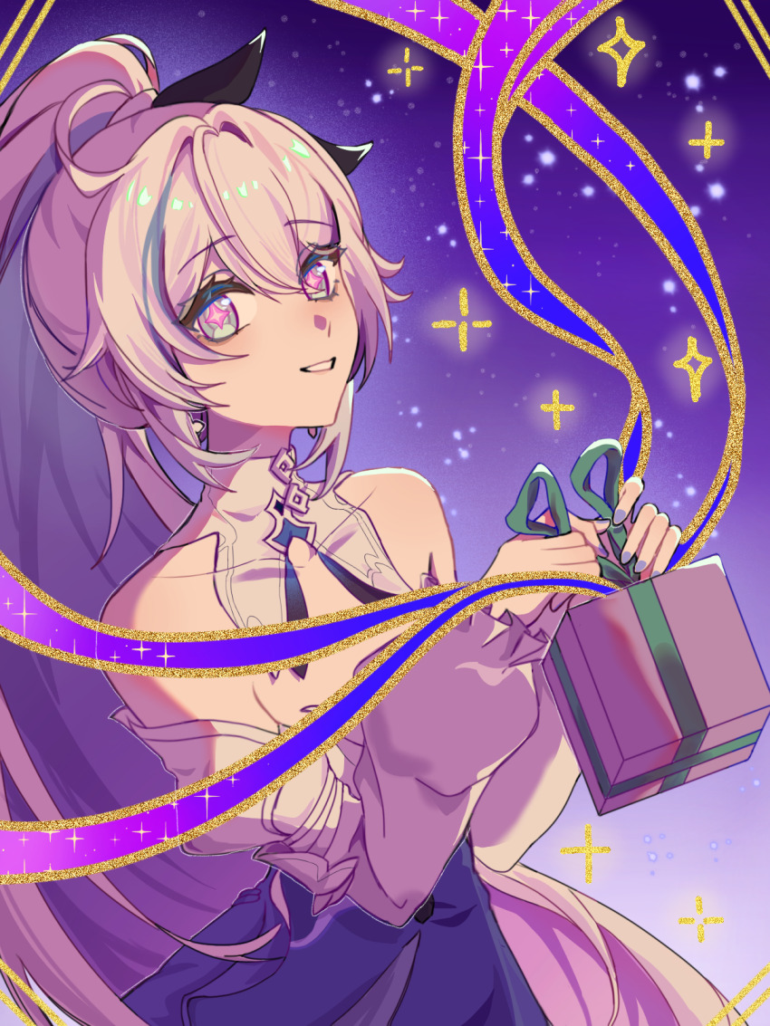 1girl bare_shoulders birthday blue_eyes chinese_commentary commentary_request diamond-shaped_pupils diamond_(shape) dress gift guahua_zhima_tuan high_ponytail highres holding holding_gift honkai_(series) honkai_impact_3rd kiana_kaslana kiana_kaslana_(apho) kiana_kaslana_(herrscher_of_finality) long_hair long_sleeves looking_at_viewer ponytail smile solo symbol-shaped_pupils very_long_hair white_hair