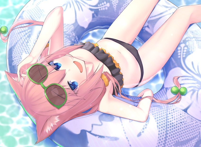 1girl absurdres adjusting_eyewear animal_ears arm_up bikini black_bikini blue_eyes cat_ears eyewear_on_head fang female_focus from_above hair_bobbles hair_ornament hand_on_eyewear highres hinata_channel innertube leaning_back long_hair looking_up low_twintails lying misakisanakichi navel nekomiya_hinata on_back open_mouth pink_hair smile solo sunglasses swim_ring swimsuit twintails virtual_youtuber water