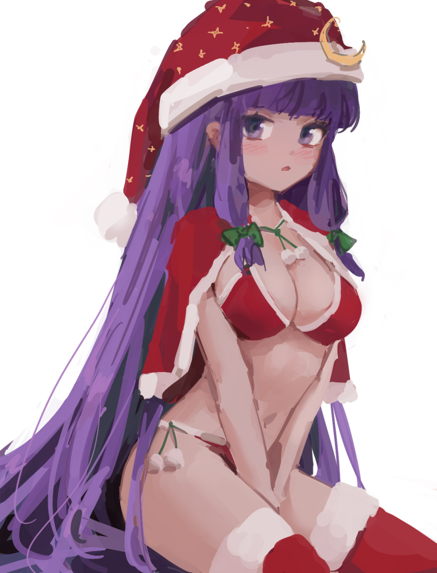 1girl alternate_costume blunt_bangs breasts capelet cleavage crescent crescent_hat_ornament green_ribbon hair_ribbon hat hat_ornament highres long_hair medium_breasts midriff navel patchouli_knowledge purple_eyes purple_hair red_capelet red_thighhighs reddizen ribbon santa_hat sidelocks simple_background solo thighhighs touhou very_long_hair white_background