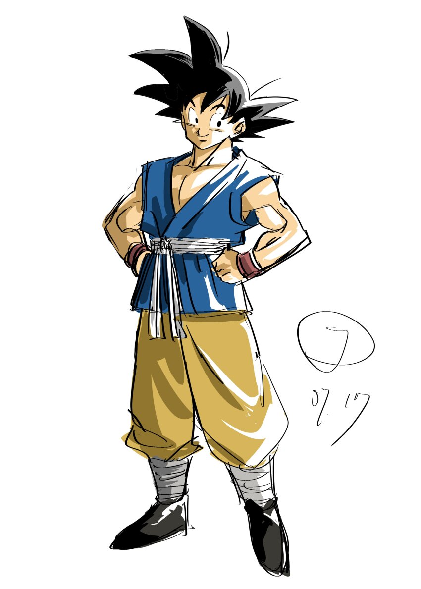 1boy absurdres black_eyes black_hair dougi dragon_ball dragon_ball_gt full_body highres kozue2080 male_focus muscular muscular_male pants pectorals saiyan sketch smile solo son_goku spiked_hair wristband yellow_pants