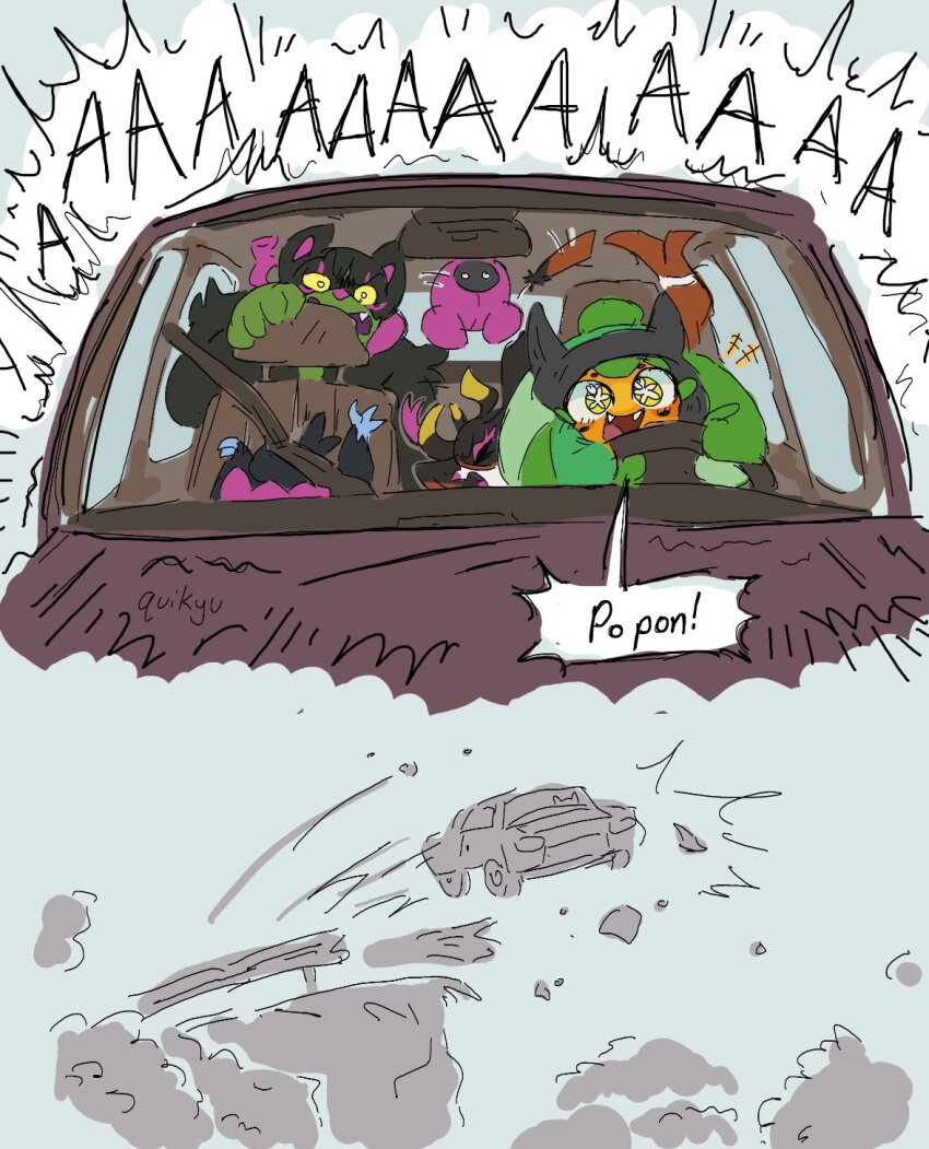 ! 1girl 1other 3boys :d animal_ears animal_focus artist_request bird car colored_sclera creatures_(company) dog_ears driving falling fangs fezandipiti game_freak gen_9_pokemon glowing glowing_eyes happy highres laughing legendary_pokemon motor_vehicle multiple_boys munkidori nintendo no_humans ogerpon okidogi open_mouth outdoors pecharunt pokemon pokemon_(creature) scared sharp_teeth simple_background smile teamwork teeth vehicle_interior wings yellow_sclera