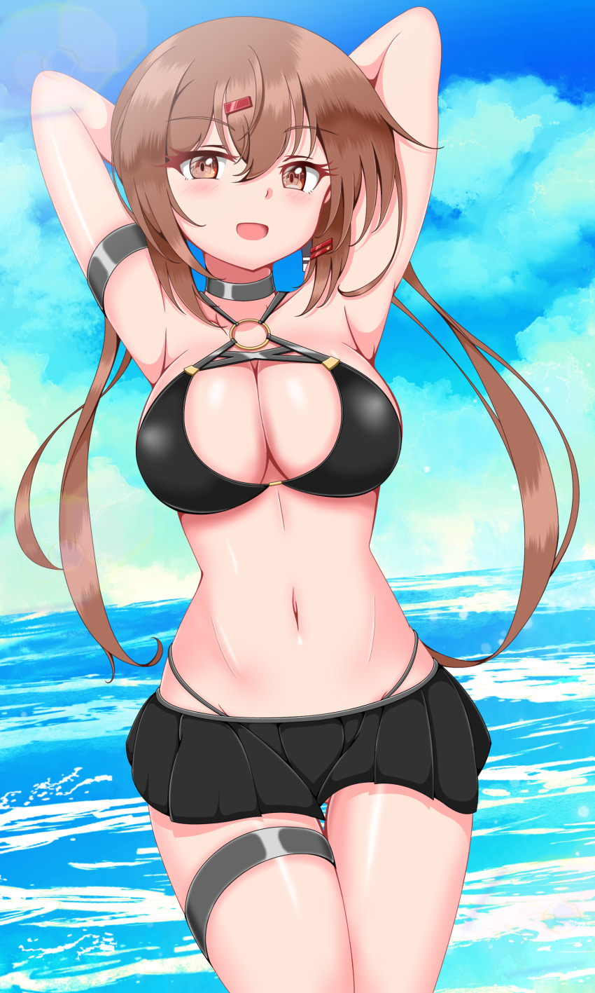 1girl absurdres alternate_costume armpits arms_behind_head arms_up bikini bikini_skirt black_skirt blue_sky breasts brown_eyes brown_hair day hair_between_eyes hair_ornament hairclip highres itsuya_(hmizugucti) kantai_collection large_breasts long_hair low_twintails o-ring o-ring_bikini ocean open_mouth outdoors skirt sky smile solo swimsuit tashkent_(kancolle) thigh_strap twintails very_long_hair