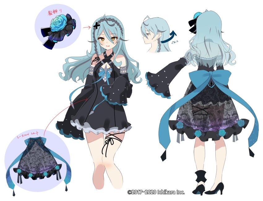 1girl absurdres arutera black_dress black_footwear black_sleeves blue_flower blue_hair blue_rose breasts character_sheet detached_sleeves dress flower gothic_lolita hair_behind_ear hair_between_eyes hair_flower hair_ornament high_heels highres lolita_fashion long_hair multiple_views nijisanji nijisanji_kr official_art open_mouth rose ryu_hari sleeves_past_fingers sleeves_past_wrists small_breasts smile virtual_youtuber white_background yellow_eyes