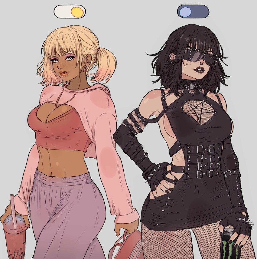 2girls absurdres armpits backpack bag baggy_pants black_hair black_lips black_nails black_pantyhose blonde_hair breasts can cleavage_cutout clothing_cutout commentary crop_top cup detached_sleeves ear_piercing earrings english_commentary eyelashes fingerless_gloves fingernails fishnet_pantyhose fishnets gloves goth_fashion gyaru hand_on_own_hip highres holding holding_bag holding_can holding_cup hood hoodie jewelry lip_piercing lipstick makeup medium_breasts monster_energy multiple_girls navel nose_piercing original pants pantyhose piercing pink_hoodie pink_nails pink_pants short_hair sideboob sleeves_past_wrists spiked_gloves stomach sunglasses yoracrab