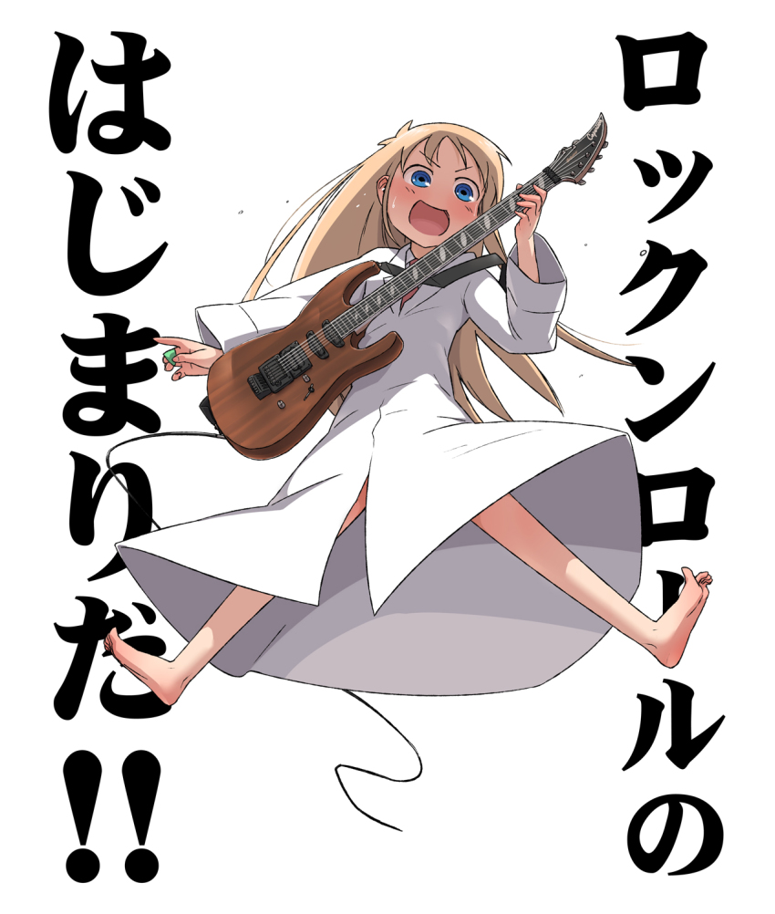 1girl :d bad_id bad_pixiv_id barefoot blonde_hair blue_eyes child electric_guitar feet female_focus full_body guitar highres instrument jumping lab_coat morimiya_masayuki necktie nichijou open_mouth plectrum professor_shinonome simple_background smile solo white_background white_theme