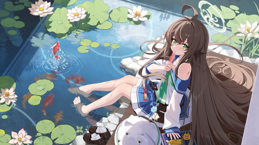 1girl bare_shoulders barefoot blue_archive brown_hair character_request feet_in_water fish flower goldfish green_eyes halo lake long_hair looking_at_viewer lotus shoes sleeves_past_wrists unworn_shoes very_long_hair xintianou