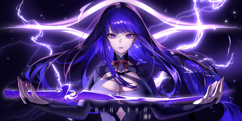 1girl absurdres artist_name black_background breasts genshin_impact highres holding holding_sword holding_weapon katana large_breasts lightning long_hair looking_at_viewer parted_lips purple_eyes purple_hair purple_lightning raiden_shogun ringeko-chan solo sword upper_body weapon