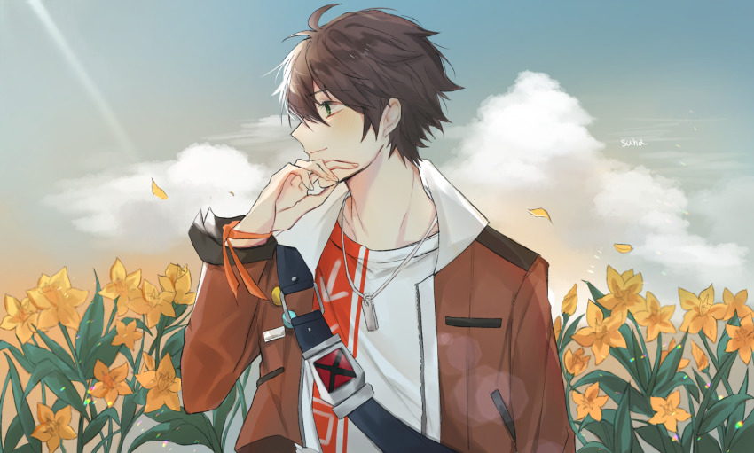 1boy bad_id bad_pixiv_id brown_hair brown_jacket cloud flower green_eyes hailiu hair_behind_ear hair_between_eyes hand_on_own_face highres jacket jewelry looking_to_the_side male_focus min_suha necklace nijisanji nijisanji_kr open_hand shirt sky smile solo upper_body virtual_youtuber white_shirt yellow_flower