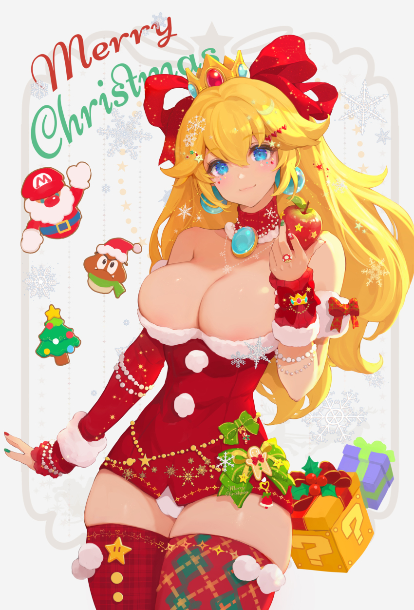 1girl ?_block apple bare_shoulders blonde_hair blue_eyes breasts christmas christmas_ornaments cleavage closed_mouth commentary crown crown_(symbol) earrings english_commentary english_text food fruit fur-trimmed_headwear fur_trim gift goomba hat highres holding holding_food holding_fruit jewelry large_breasts long_hair looking_at_viewer mario mario_(series) merry_christmas mushroommirror nintendo panties panty_peek princess_peach red_headwear red_thighhighs santa_costume santa_hat smile super_mushroom super_star_(mario) thick_thighs thighhighs thighs underwear white_panties