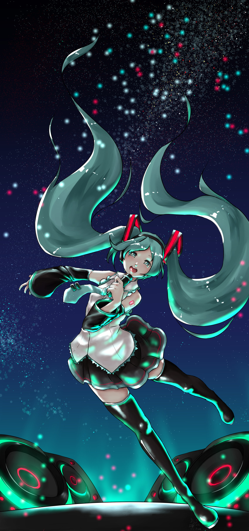 1girl absurdly_long_hair absurdres anniversary aqua_eyes aqua_hair artist_name artist_request bare_shoulders black_footwear black_skirt blue_eyes blue_hair blue_necktie boots breasts collared_shirt dress_shirt female_focus floating_hair full_body grey_shirt hair_between_eyes hair_ornament hatsune_miku headphones headset highres holding holding_microphone long_hair looking_at_viewer microphone miniskirt necktie night night_sky pleated_skirt shirt sideboob skirt sky sleeveless sleeveless_shirt small_breasts smile solo standing standing_on_one_leg superfann tattoo thigh_boots thighhighs twintails very_long_hair vocaloid wing_collar zettai_ryouiki