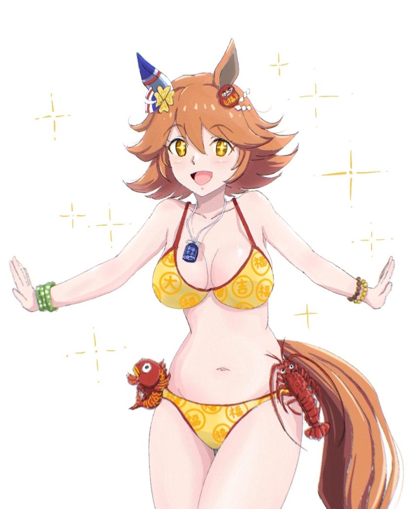 +_+ 1girl animal_ears bead_bracelet beads bikini bracelet clover_hair_ornament commentary_request cow cowboy_shot daruma_doll ear_covers flipped_hair four-leaf_clover_hair_ornament hair_ornament highres horse_ears horse_girl horse_tail jewelry looking_at_viewer matikanefukukitaru_(umamusume) navel open_mouth orange_hair osage_gankyou short_hair simple_background single_ear_cover smile solo sparkle stomach swimsuit tail umamusume white_background yellow_bikini yellow_eyes