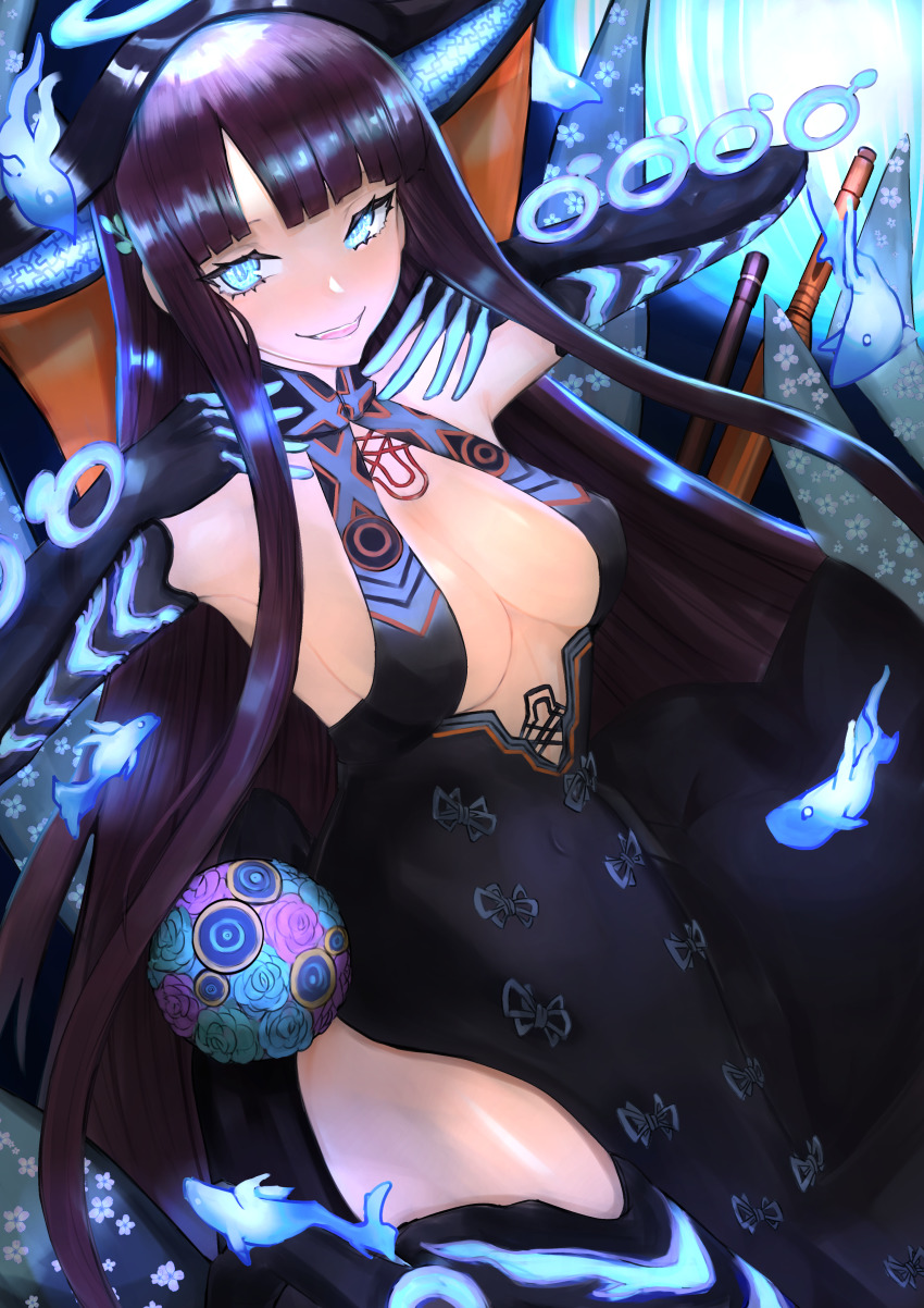 1girl absurdres bare_shoulders black_dress black_gloves black_headwear black_thighhighs blue_eyes blunt_bangs blush breasts center_opening dress elbow_gloves fate/grand_order fate_(series) fish gloves gyamu_(chewing-gum) hair_ornament halo highres huge_filesize large_breasts leaf_hair_ornament long_hair looking_at_viewer open_mouth purple_hair sidelocks smile thighhighs thighs very_long_hair yang_guifei_(fate) yang_guifei_(third_ascension)_(fate)