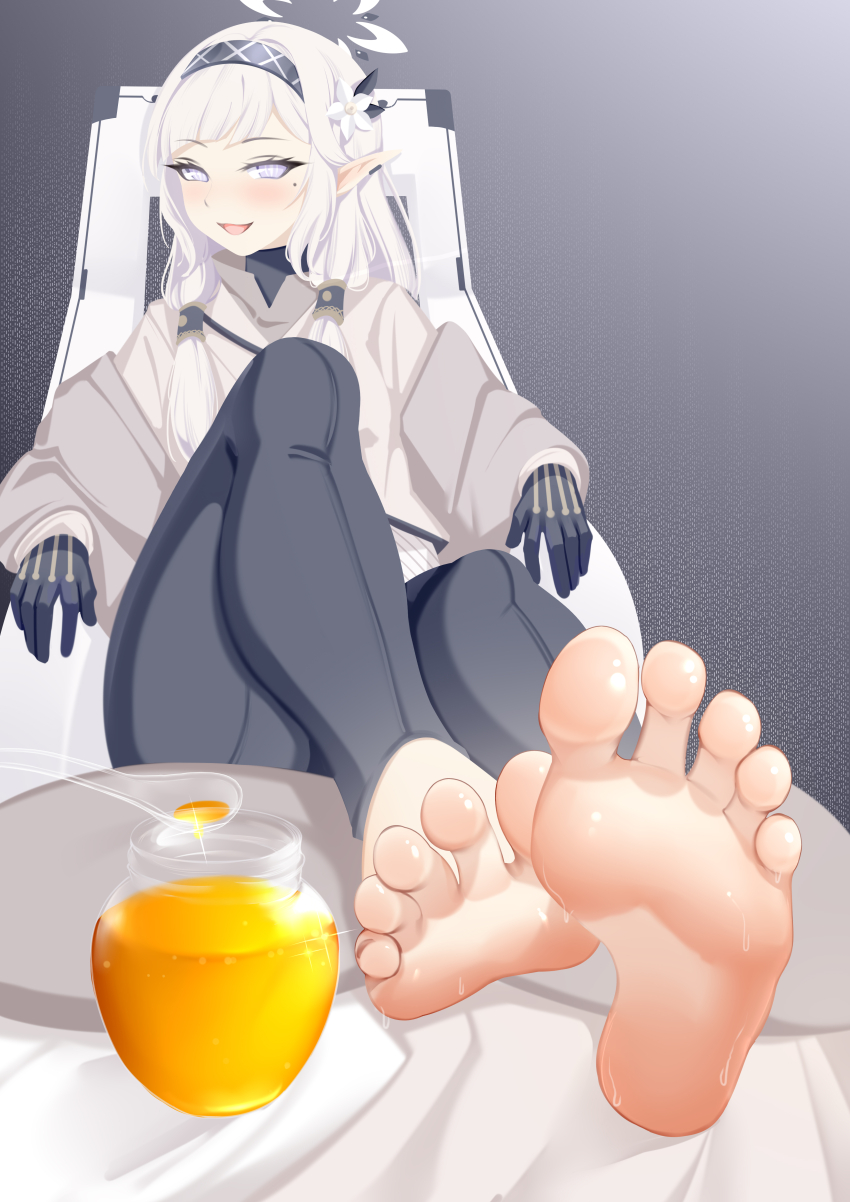 1girl absurdres barefoot blue_archive dyamond feet hairband highres himari_(blue_archive) honey light_blush long_hair looking_at_viewer open_mouth pointy_ears sitting soles toes