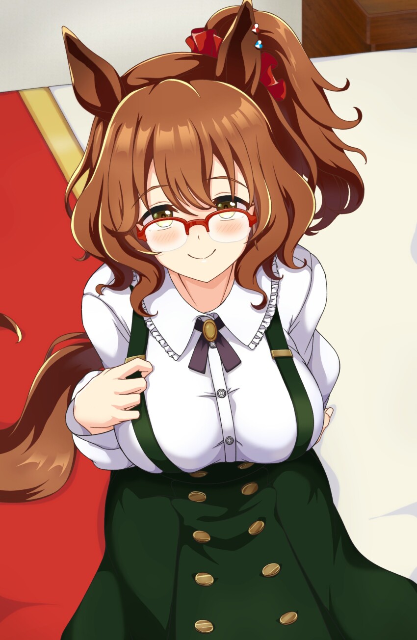 1girl animal_ears aston_machan_(umamusume) bed blush breasts brown_hair casual closed_mouth commentary_request glasses green_eyes hair_between_eyes hair_ornament highres horse_ears horse_tail large_breasts looking_at_viewer medium_hair shiodanx smile solo tail umamusume