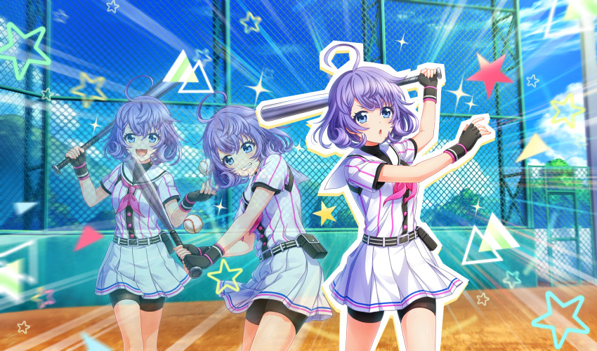 1girl :d afterimage ahoge asada_aoi baseball baseball_(object) baseball_bat baseball_field baseball_uniform belt belt_buckle belt_pouch bike_shorts_under_skirt black_belt black_gloves black_pouch black_shorts black_undershirt blue_eyes buckle chain-link_fence cinderella_series cloud curly_hair emphasis_lines fence fingerless_gloves game_cg gloves grin hachigatsu_no_cinderella_nine highres holding holding_baseball_bat looking_ahead metal_baseball_bat neckerchief non-web_source official_art open_mouth outdoors parted_lips pink_neckerchief playing_sports pleated_skirt pouch purple_hair shirt shirt_under_shirt short_hair short_sleeves shorts skirt sky smile sparkle sportswear standing star_(symbol) striped_belt striped_clothes striped_shirt swinging teeth vertical-striped_clothes vertical-striped_shirt wristband