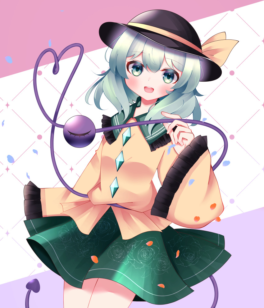 1girl absurdres black_hat blue_petals blush collared_shirt cowboy_shot floral_print frilled_shirt_collar frilled_sleeves frills green_eyes green_hair green_skirt hat hat_ribbon head_tilt heart heart_of_string highres komeiji_koishi long_sleeves looking_at_viewer medium_hair open_mouth orange_petals print_skirt ribbon rose_print shirt skirt solo teeth third_eye touhou upper_teeth_only waroemon wide_sleeves yellow_ribbon