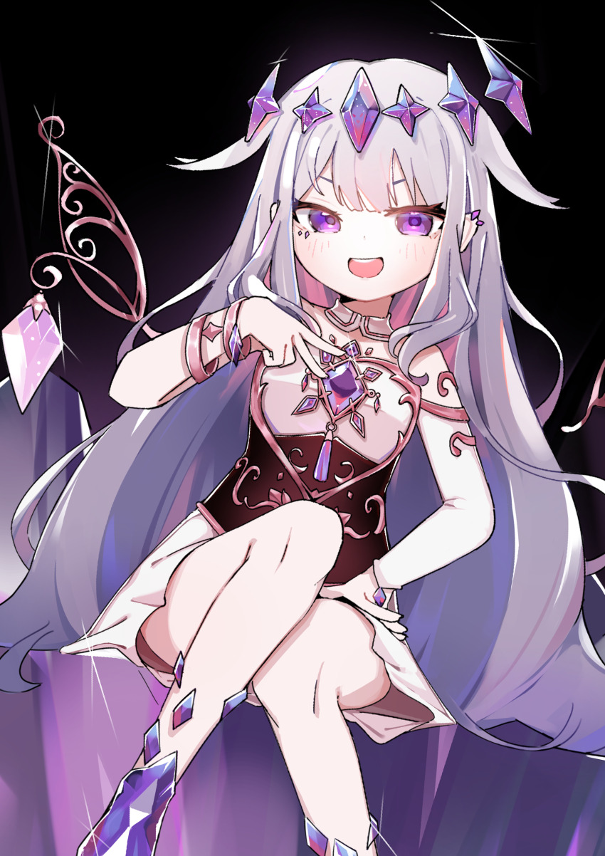 1girl absurdres blush chest_jewel chronia crystal_wings dress grey_hair hair_flaps hand_on_own_hip highres hololive hololive_english jewel_under_eye koseki_bijou koseki_bijou_(1st_costume) long_hair looking_at_viewer purple_eyes sidelocks smile solo teeth upper_teeth_only v very_long_hair virtual_youtuber white_dress