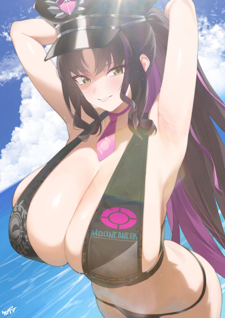 1girl absurdres armpits arms_behind_head arms_up bare_shoulders bikini black_bikini black_hair black_hat blue_sky blush breasts cleavage fate/grand_order fate_(series) grin halterneck hat highres kurozawa_yui large_breasts long_hair looking_at_viewer multicolored_hair necktie ocean parted_bangs pink_hair police_hat ponytail sessyoin_kiara sessyoin_kiara_(swimsuit_mooncancer) sessyoin_kiara_(swimsuit_mooncancer)_(second_ascension) sky smile solo streaked_hair swimsuit yellow_eyes