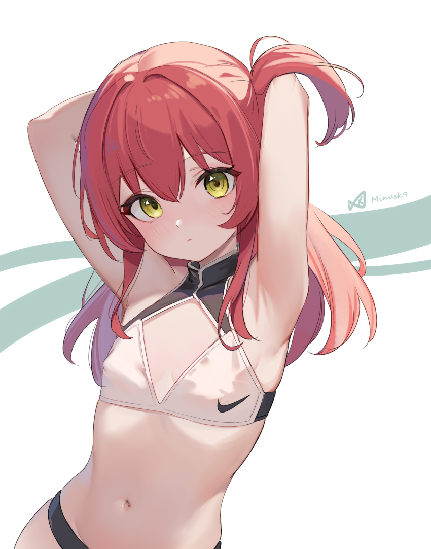 1girl absurdres armpits arms_behind_head arms_up blush bocchi_the_rock! breasts buruma closed_mouth commentary_request covered_erect_nipples hair_between_eyes highres kita_ikuyo looking_at_viewer medium_hair minusk9 navel nike_(company) ponytail red_hair side_ponytail sideboob sidelocks signature simple_background small_breasts solo sports_bikini sports_bra upper_body white_background yellow_eyes